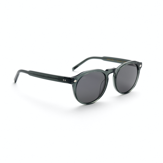 Tribe sunglasses side view with dark gray frame and tinted lenses