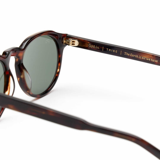Opolisoptics Tribe sunglasses side detail, tortoiseshell frame