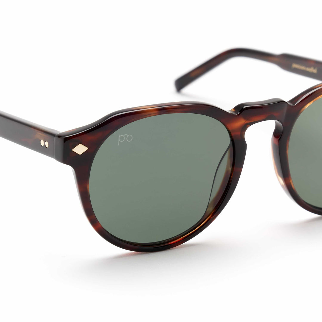Tribe sunglasses close-up: tortoiseshell frame with green-tinted lens