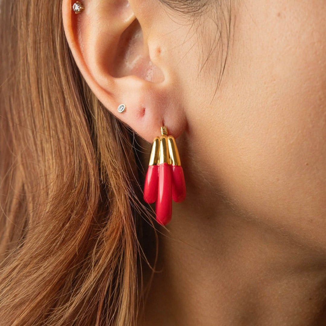 Pink Flamingo triple hoop lucite earrings with gold caps and curved layered hoops