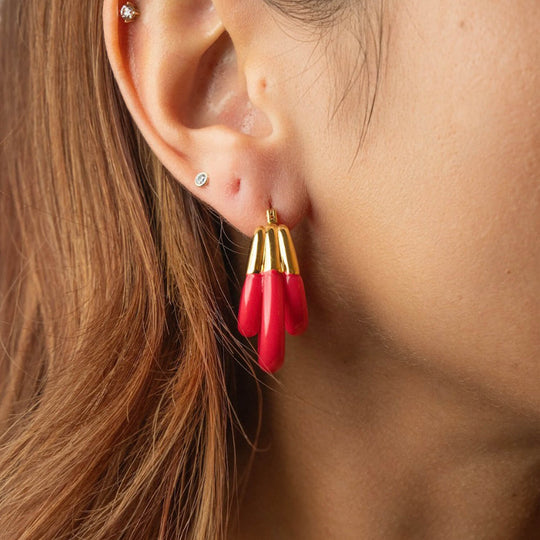 Pink Flamingo triple hoop lucite earrings with gold caps and curved layered hoops