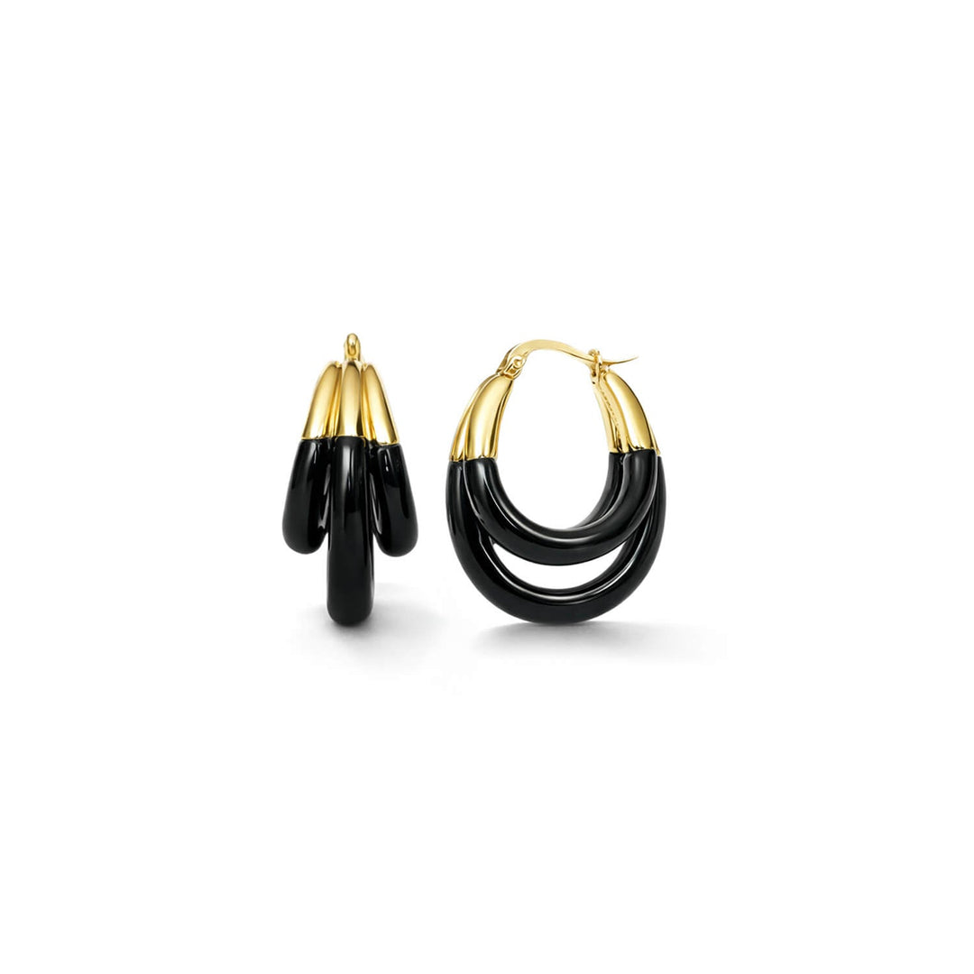 Triple hoop lucite earrings in black with gold top caps and double hoops