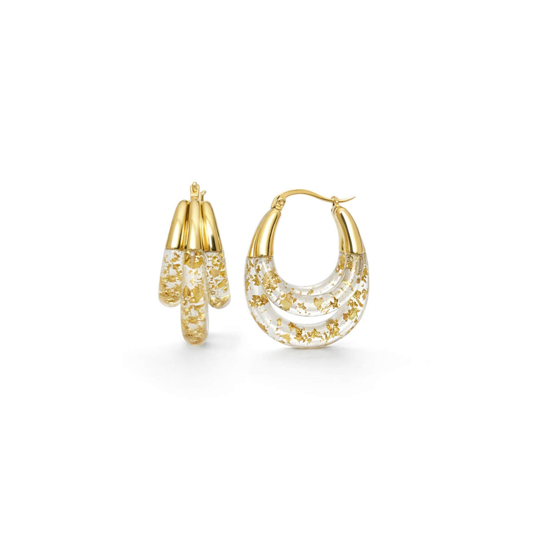 Triple hoop lucite earrings with clear body and gold leaf flecks, gold top caps