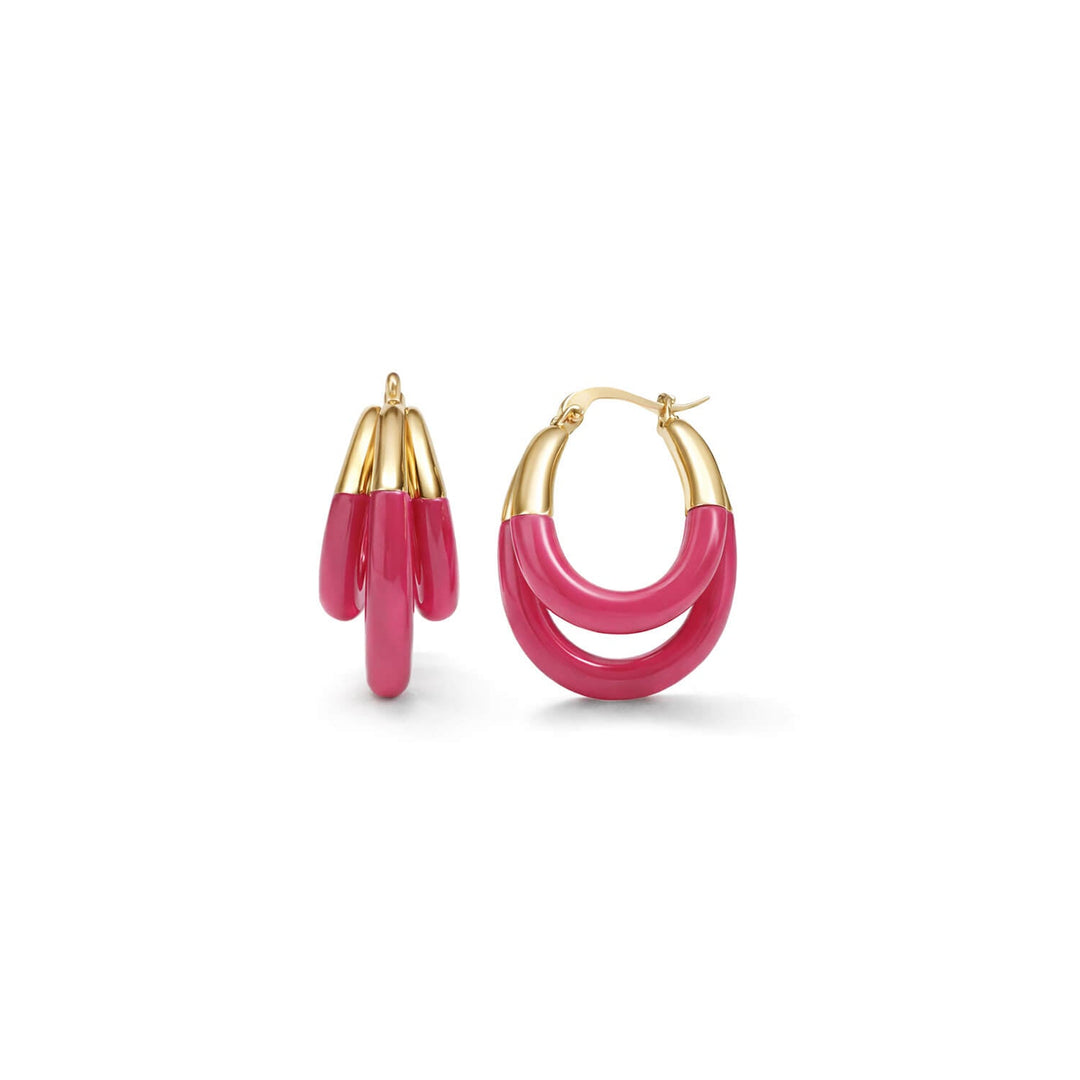 Triple hoop lucite earrings in Pink Flamingo with gold caps and hooks
