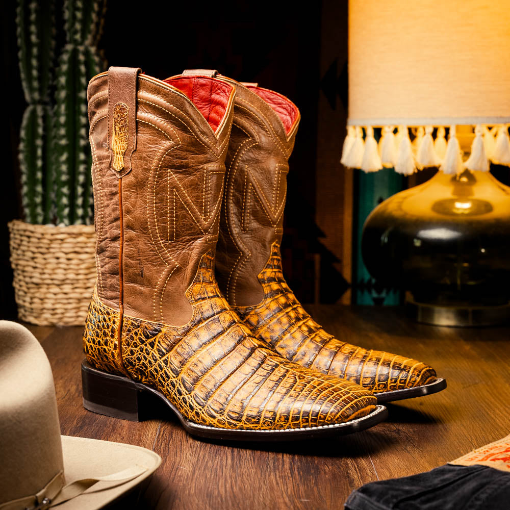 Tucson Mustard/Brown cowboy boots, side view with decorative boot top panel