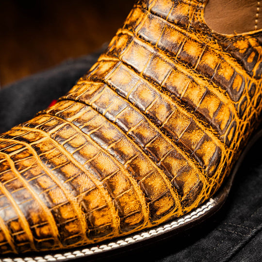 Tucson Mustard/Brown boot toe close-up with textured exotic-style leather pattern