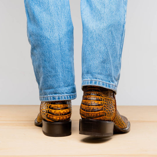Tucson Mustard/Brown cowboy boots rear view with block heel and tall shaft