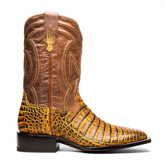 Tucson Mustard/Brown cowboy boots single pair view, front angle with heel
