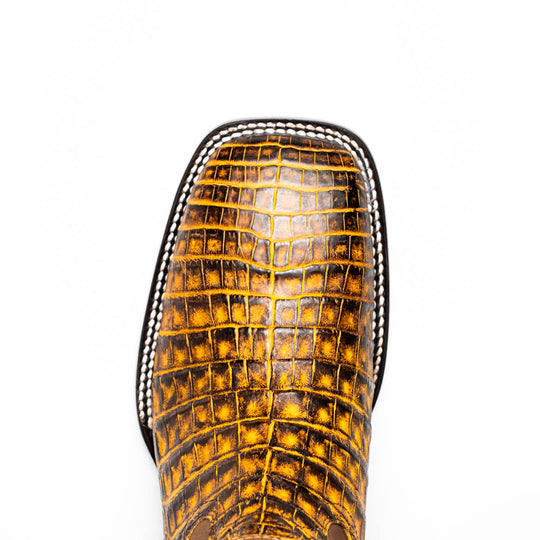 Tucson Mustard Brown, reptile-print loafer upper, dark brown stitching around edges
