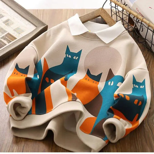 Beige boys cartoon hoodie with long sleeves and colorful cat print on front
