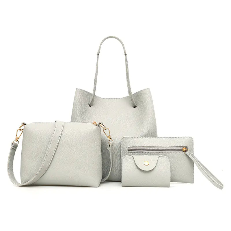 Light grey bucket tote set with shoulder strap and wristlet pouch