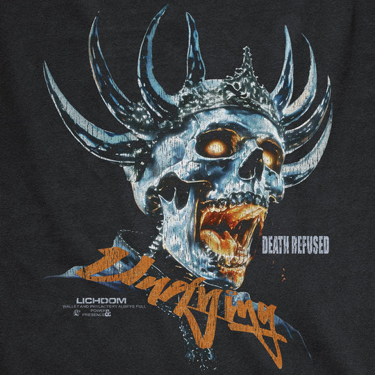 Undying Lich Tee close-up, blue horned skull print with DEATH REFUSED text
