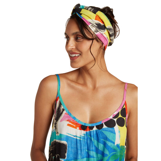 Cosmopolitan headwrap with multicolor abstract pattern, wide knot band
