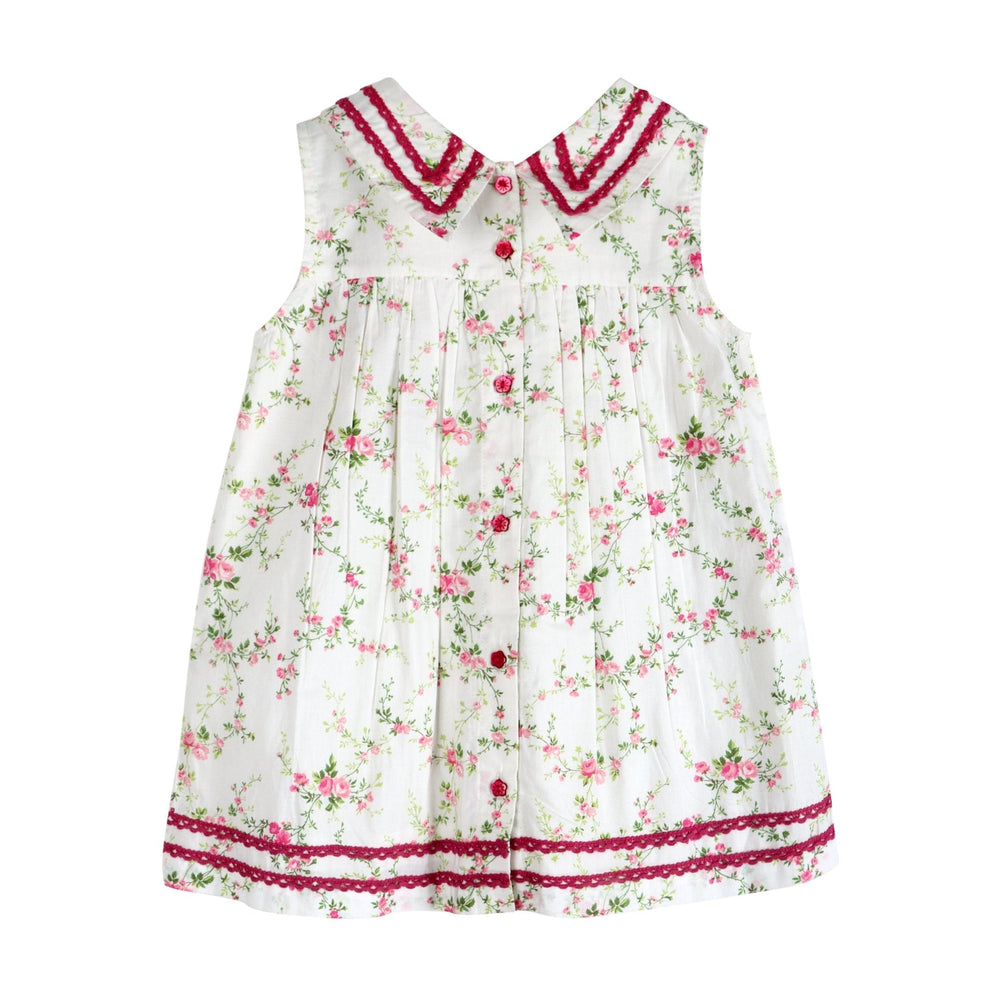Front view white floral cotton dress with burgundy trim, button placket, pleated skirt