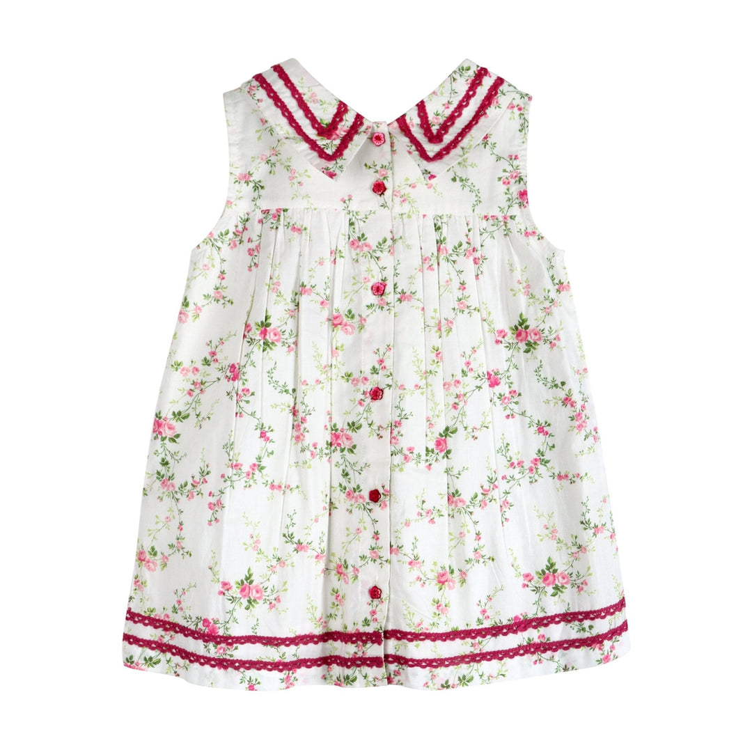 Front view white floral cotton dress with burgundy trim, button placket, pleated skirt