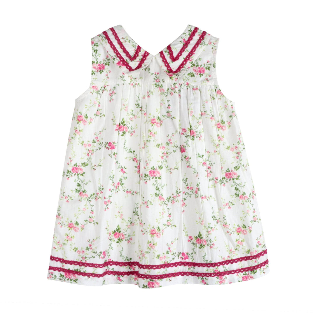 White cotton tea dress with pink rosebuds, burgundy-trim V-neck and gathered skirt