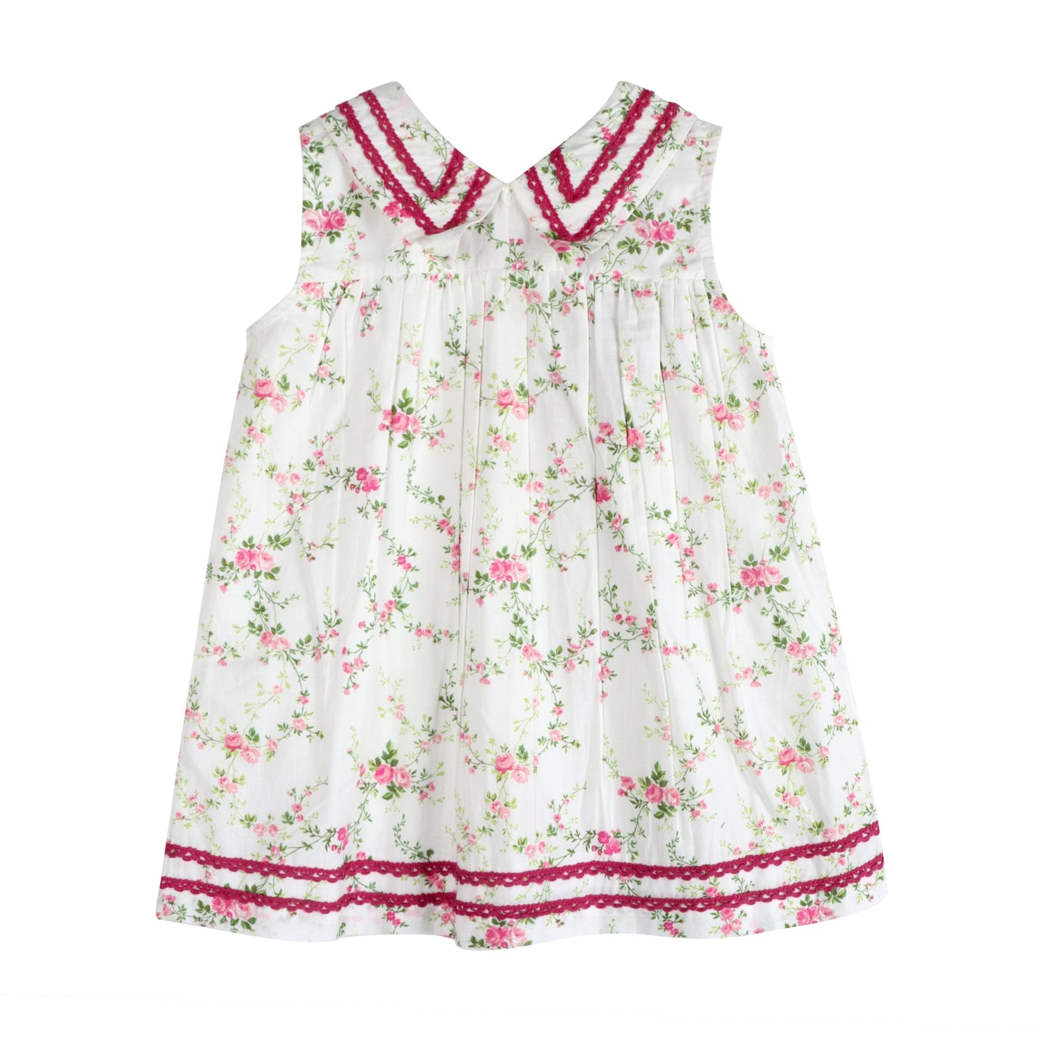 White cotton tea dress with pink rosebuds, burgundy-trim V-neck and gathered skirt