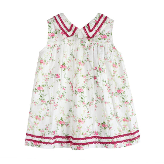 White cotton tea dress with pink rosebuds, burgundy-trim V-neck and gathered skirt