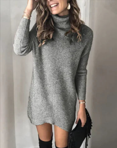 Hollow Knit Sweater Dress in grey knit with high turtleneck and long sleeves