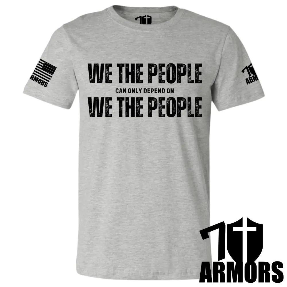 WE THE PEOPLE T-shirt GRAY—front “WE THE PEOPLE” print with sleeve armor logo