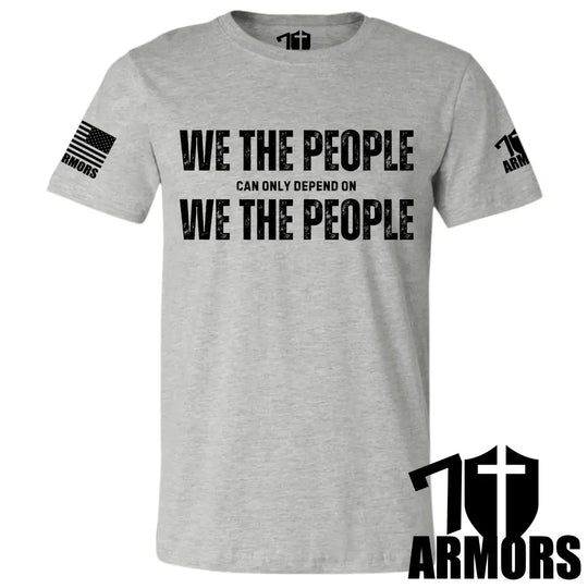 WE THE PEOPLE T-shirt GRAY—front “WE THE PEOPLE” print with sleeve armor logo