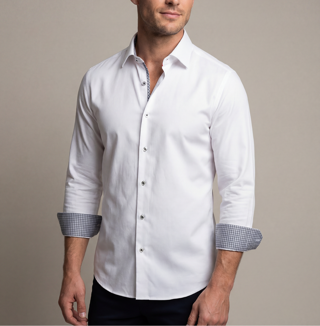 White button-up shirt with check-pattern contrast cuffs and collar