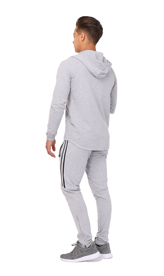 Hellgraue Jogger-Sweatpants im Rückenansicht mit seitlichen Streifen