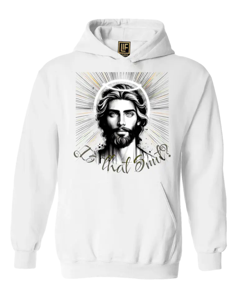 I Saw That Hoodie, white pullover with hood and front pocket; portrait graphic on chest