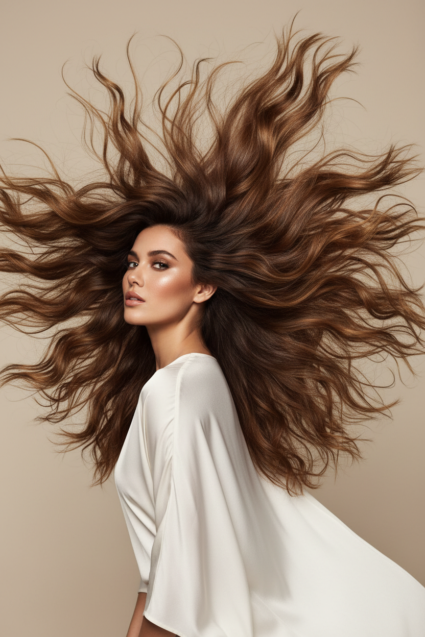 Long, wavy dark brown hair with loose texture and natural shine