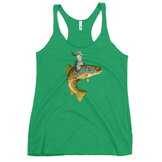 Lady Trout Wrangler tank in green, racerback tank top with colorful trout graphic