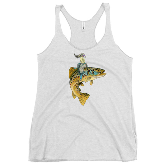 Lady Trout Wrangler tank in heather white, scoop neck with colorful trout graphic