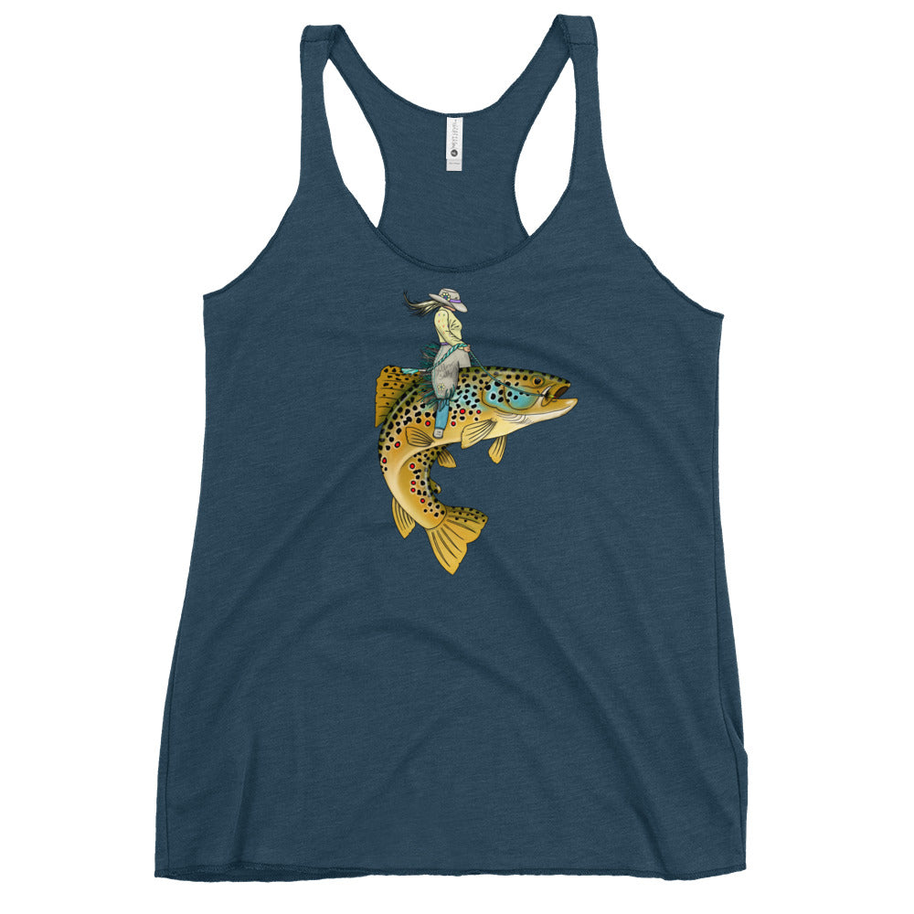 Lady Trout Wrangler tank in dark blue, racerback style with front trout graphic