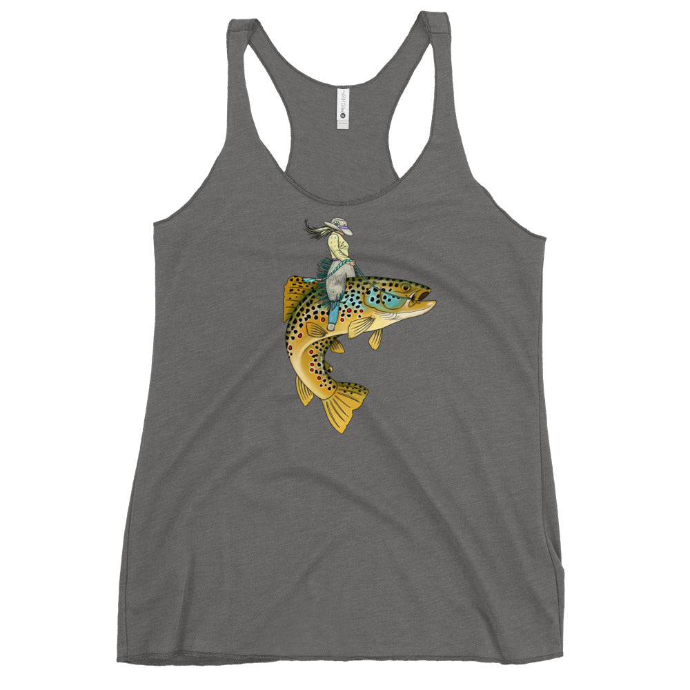 Lady Trout Wrangler tank in gray, racerback scoop neck with trout graphic on front