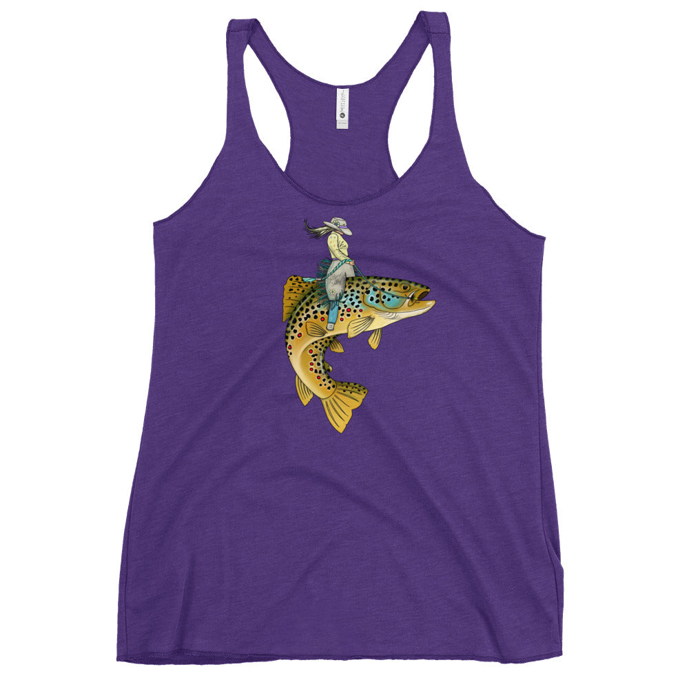 Lady Trout Wrangler tank, deep purple scoop neck with colorful trout design on chest