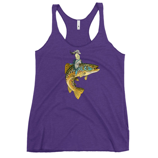 Lady Trout Wrangler tank, deep purple scoop neck with colorful trout design on chest
