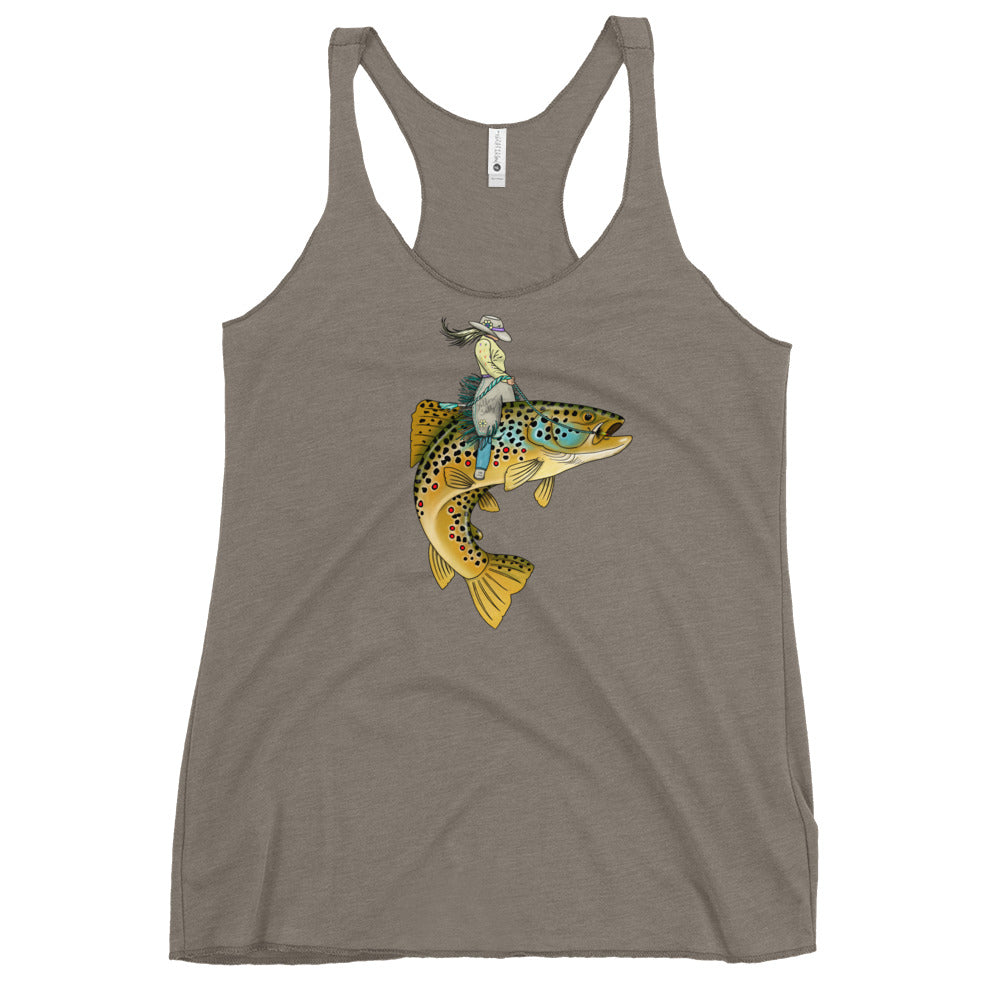 Lady Trout Wrangler tank in heather gray, scoop neck with colorful trout graphic