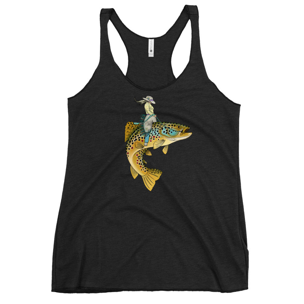 Lady Trout Wrangler tank in black, racerback scoop neck with trout graphic on front