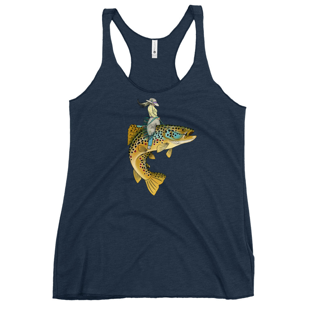 Lady Trout Wrangler tank, dark blue scoop neck with detailed trout illustration on chest