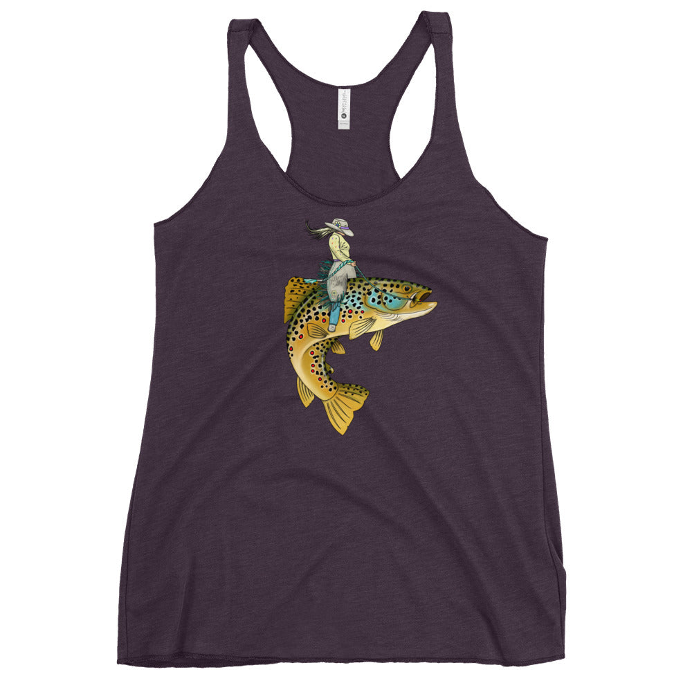 Lady Trout Wrangler tank in purple, racerback style with front trout print illustration