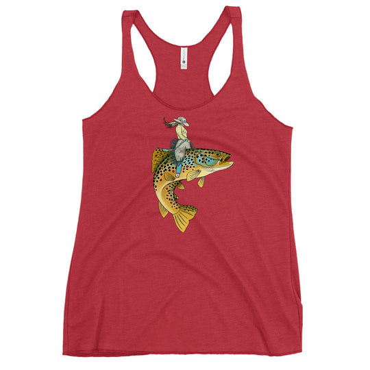 Lady Trout Wrangler tank in red, racerback tank with front trout graphic illustration