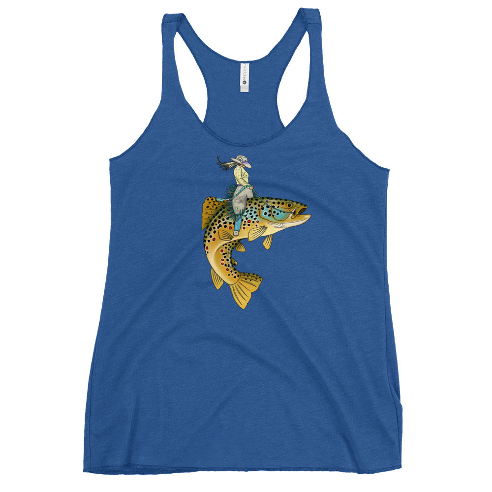 Lady Trout Wrangler tank in blue, racerback with colorful trout motif centered on front