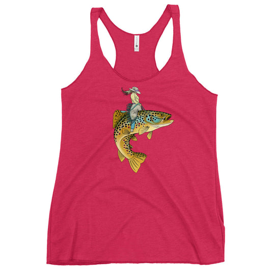 Lady Trout Wrangler tank in bright pink, racerback tank top with trout graphic front