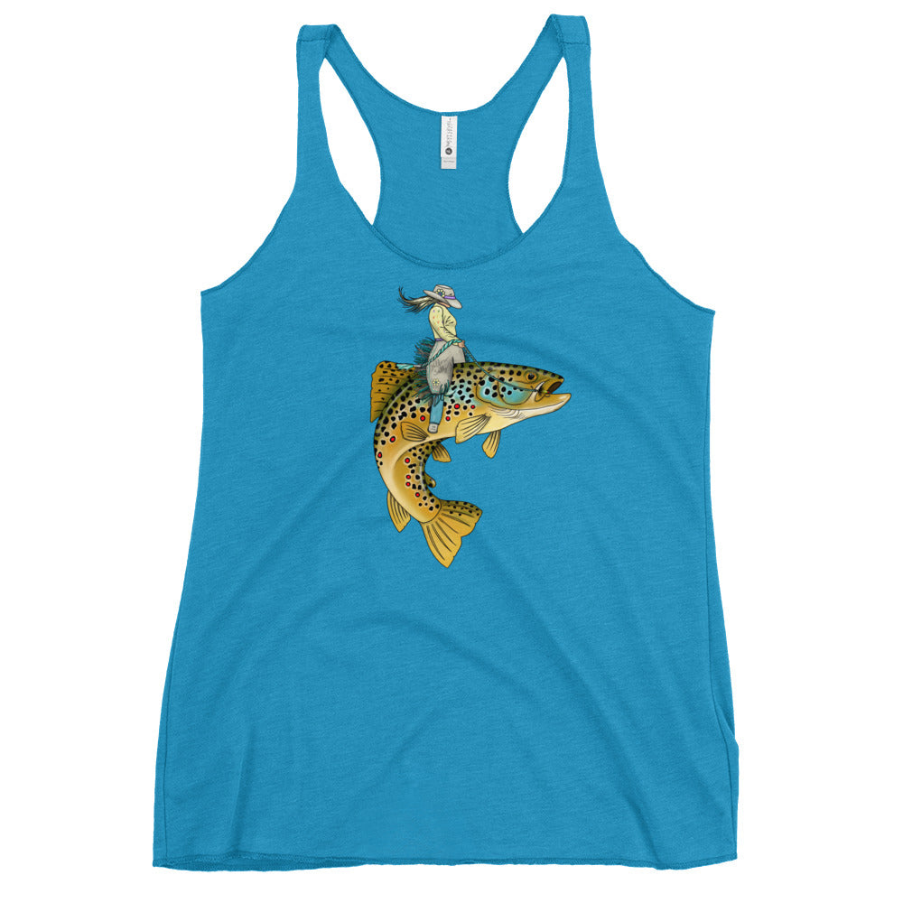Lady Trout Wrangler tank in vintage turquoise, scoop neck with colorful trout graphic