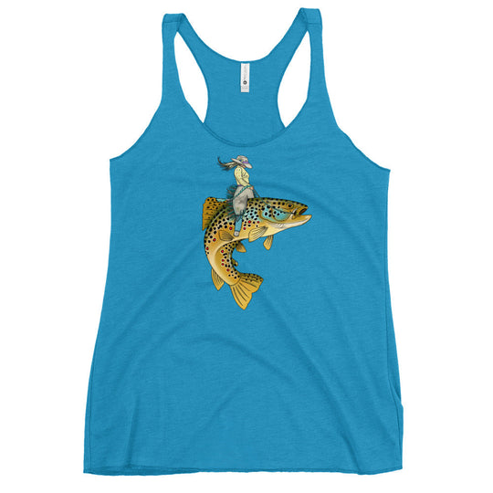 Lady Trout Wrangler tank in vintage turquoise, scoop neck with colorful trout graphic