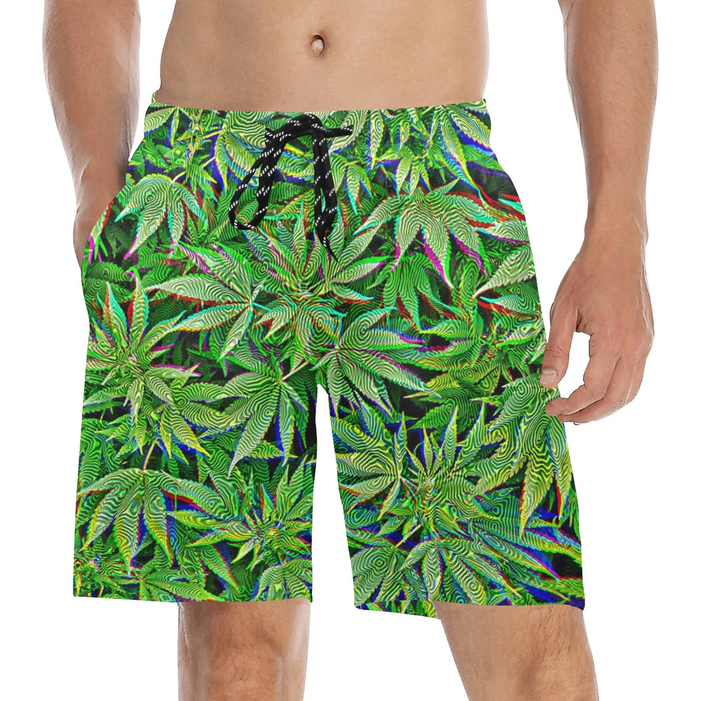 Weed Swim Shorts, all-over neon leaf pattern, elastic waistband and black drawstring