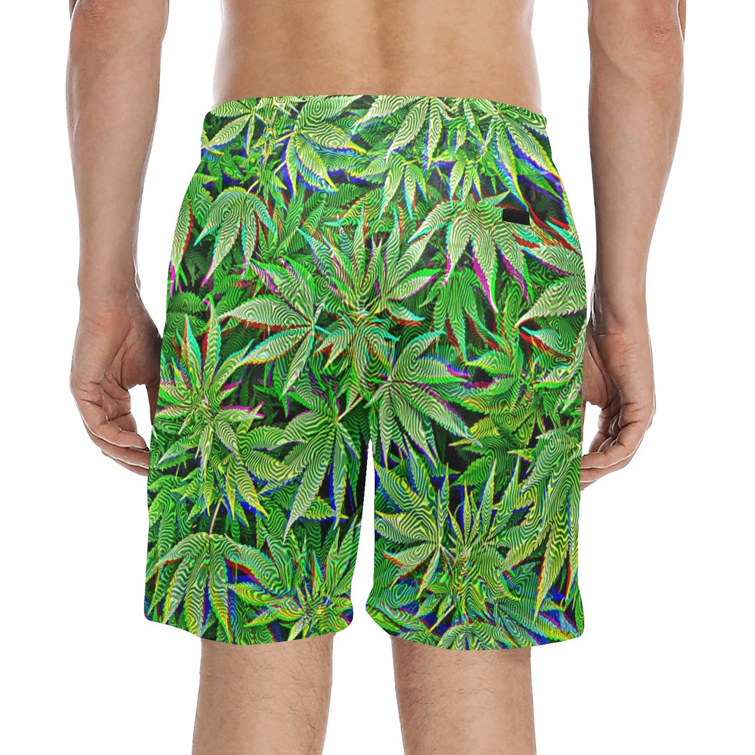 Weed Swim Shorts, neon green with blue and purple leaf print, side view with pockets