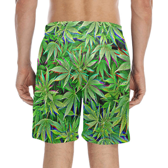 Weed Swim Shorts, neon green with blue and purple leaf print, side view with pockets