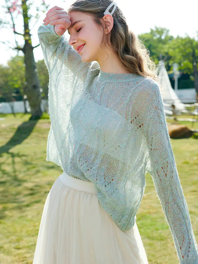 Women’s solid hollow knit pullover sweater, light blue, crew neck and long sleeves