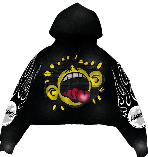 Yellboy Hoodie: black hoodie with large yellow face graphic and flame sleeve prints