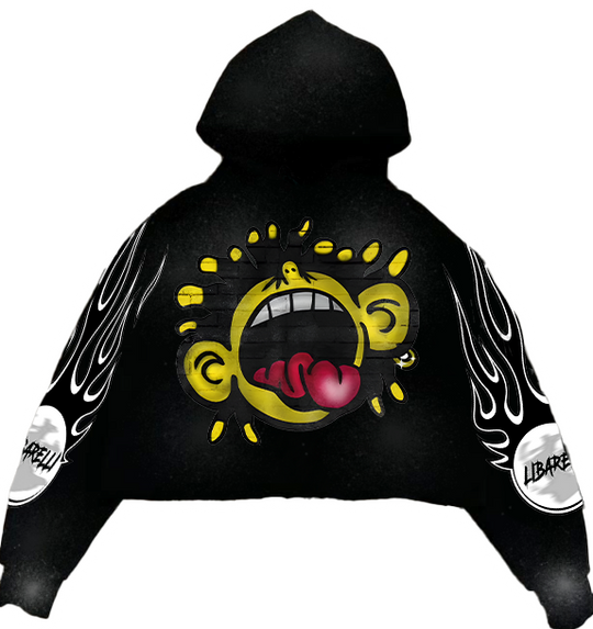 Yellboy Hoodie: black hoodie with large yellow face graphic and flame sleeve prints